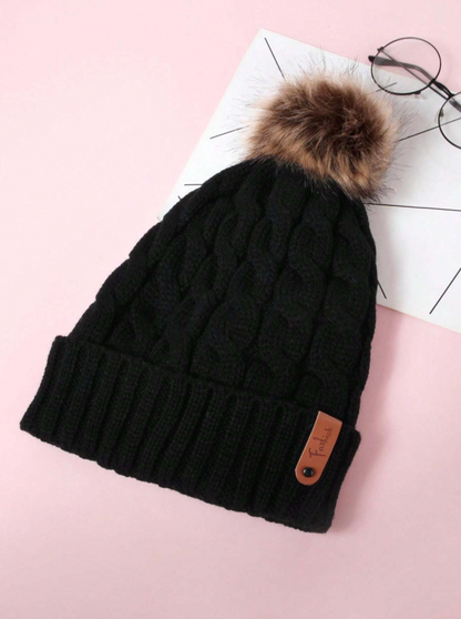 Black Women's Knit Beanie Hat With Leather Logo Patch, Thickened Winter Warmth Cap For Outdoor Activities